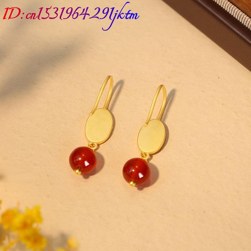 Natural Red Jade Bead Earrings - Gold Plated Jewelry ulasan dan harga